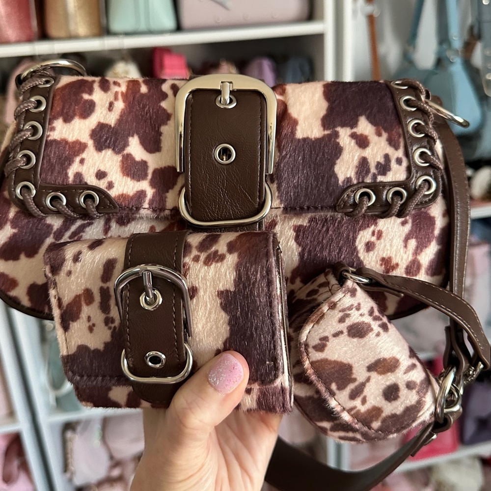 Viral No Boundaries brown cow print bag with matching wallet & bag charm